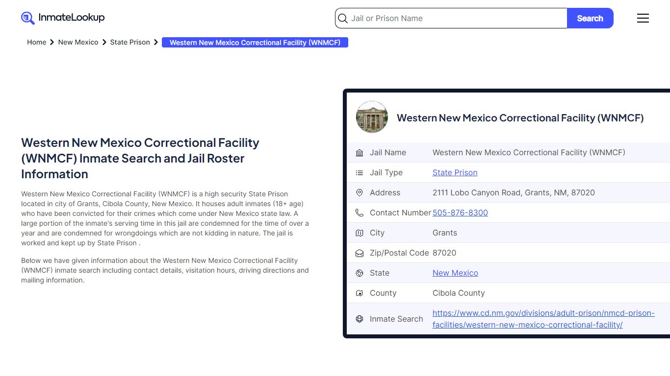 Western New Mexico Correctional Facility (WNMCF) Inmate Search, Jail ...